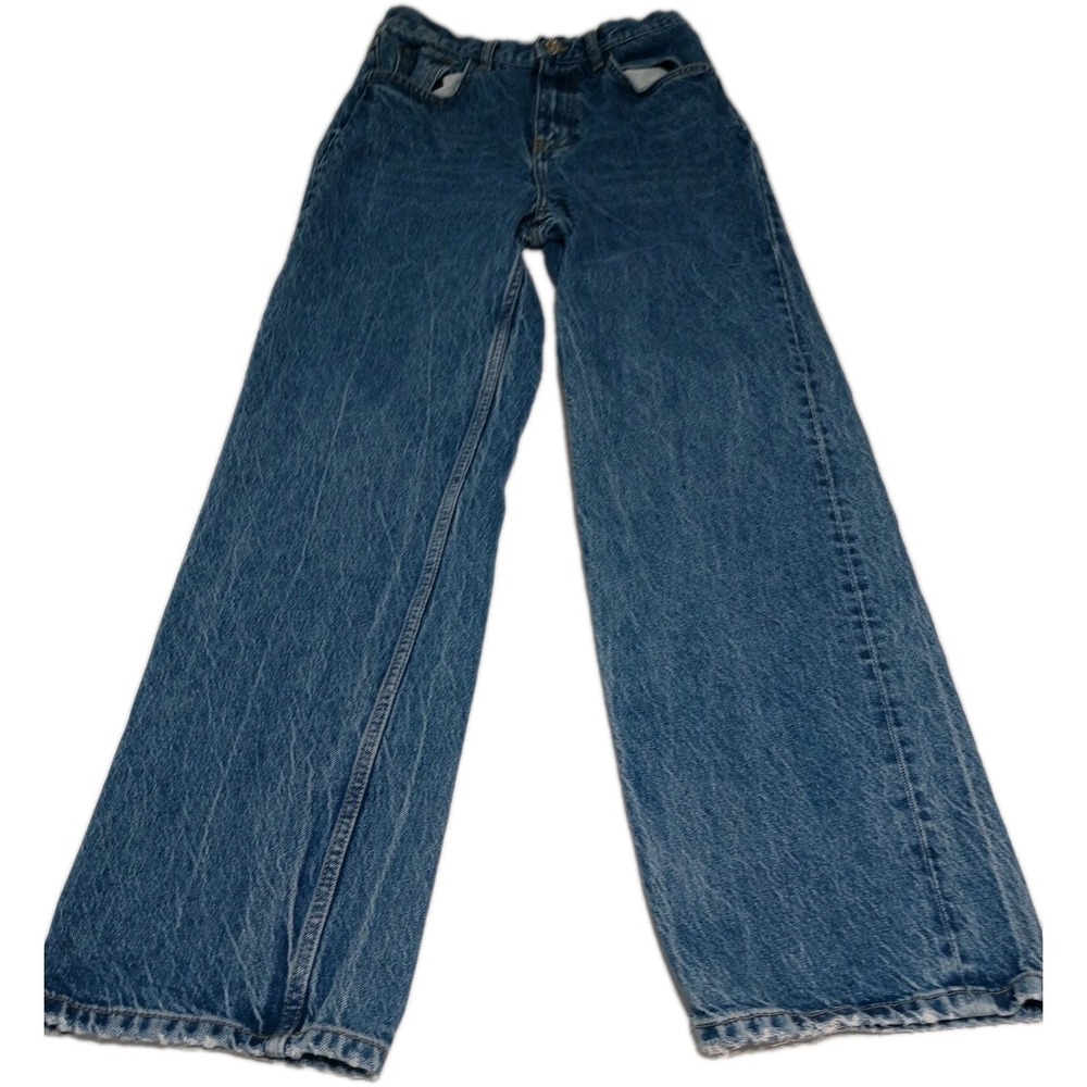 ZARA Women's Jeans Size 4 Blue Denim Straight Leg High Rise Distressed Hem EU 36